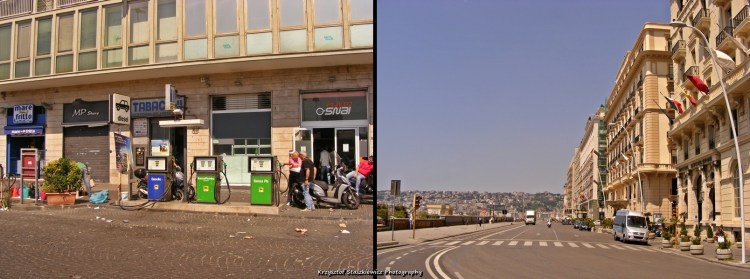 Z prawej strony, pozorny wygląd Neapolu, czysto, bezpiecznie, mały ruch, luksusowe hotele, ale właśnie to tylko pozory, bo prawdziwe oblicze Neapolu pokazane jest na zdjęciu z lewej strony, choć i tak nie do końca, bo nie widać na nim  ogromnego ruchu, ciągle trąbiących kierowców i zniszczonych budynków, ale widać to co jest zmorą, czyli śmieci, dużo śmieci. (KLIKNIJ W ZDJĘCIE ABY POWIĘKSZYĆ)