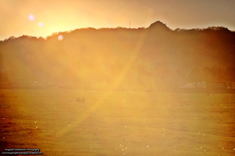 Krakowskie Błonie podczas zachodu słońca.