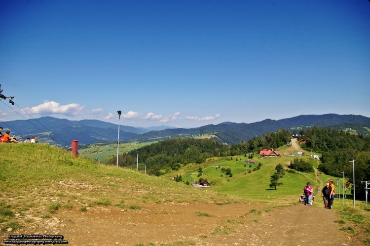 Widok z Szafranówki, na wprost szczyt, którego nikomu nie trzeba przedstawiać, czyli Palenica, na lewo od niej, najwyższy szczyt w tle to Turbacz. 