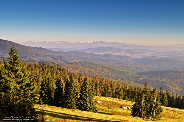 Szlak Rajcza - Hala Lipowska. Idziemy sobie spokojnym tempem, podziwiając przepiękne jesienne widoki, a nagle za drzew wyłaniają się.. Tatry 